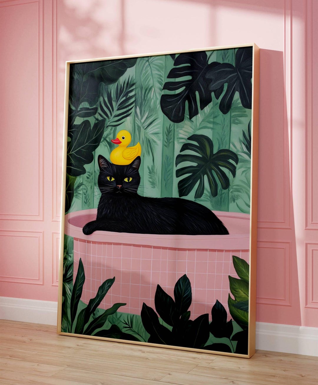 Black Cat Bathroom Art Print - Jungle Tub Wall Decor - Whimsical Cat ...