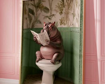 Grappige nijlpaard badkamerkunstprint - eigenzinnige dierenmuurdecoratie voor badkamer, toilet humor poster, grappig nijlpaard wildlife kunstwerk cadeau, baddecor