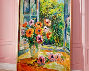 May include: A painting of a vase filled with pink, orange, and yellow flowers. The vase is on a table in front of a window with a view of a garden. The painting is done in a loose, impressionistic style.
