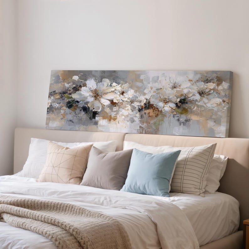 Neutral Abstract White Floral Canvas Wall Art Modern Beige Gray ...