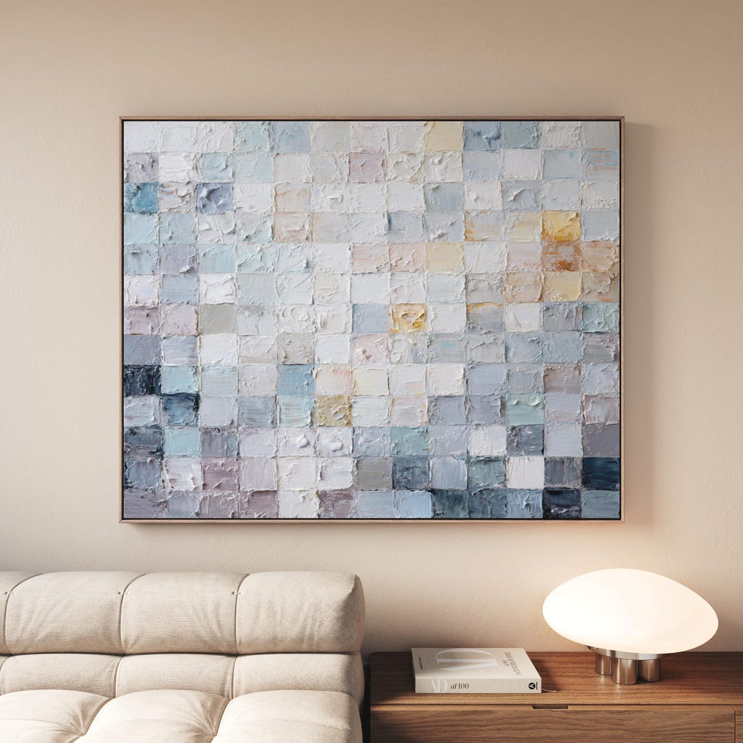 Neutral Grid Abstract Canvas Art Modern Geometric Oil Painting Print ...