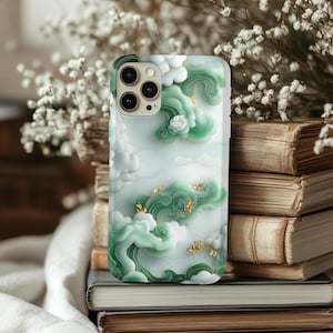 Funda de teléfono con diseño elegante de jade asiático en 3D, diseño de nubes verdes y doradas, funda de teléfono estética de lujo, regalo inspirado en el arte chino, diseño de amuleto de la suerte