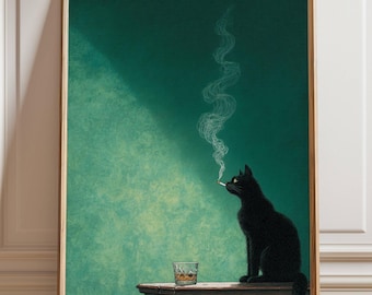 May include: A framed art print featuring a black cat smoking a cigarette, sitting on a dark wooden table. A glass of amber liquid sits on the table. The background is a textured teal green.
