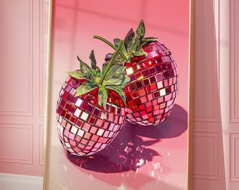 Disco Strawberry Wall Art, Funky Aesthetic Print, Retro Pink Decor, Y2K Party Vibes, Maximalist Home Art, Cool Gift for Music Lovers
