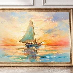 Impressionistisches Segelboot-Sonnenuntergang-Aquarelldruck, nautische Ozeankunst, moderne Küstenwanddekoration, ruhiges Segelnplakat, Strandhaus Geschenkidee