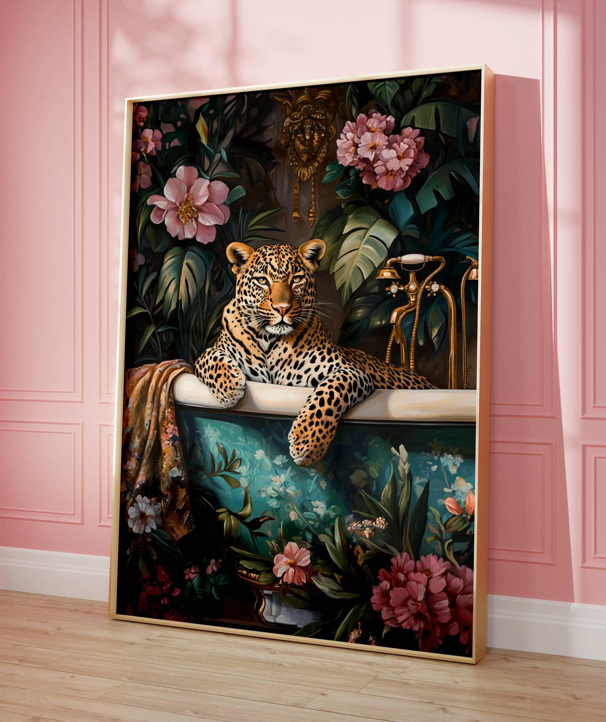 Leopard Bathroom Art Print - Jungle Clawfoot Tub Decor - Exotic Animal Wall Art - Tropical Safari Aesthetic - Vintage Glam Bathtub Poster