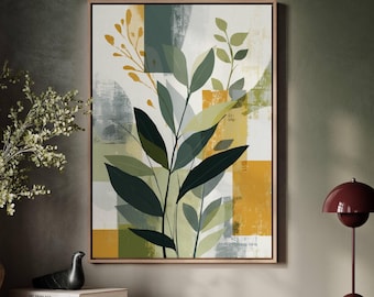 Abstract Botanical Wall Art Print, Mid-Century Modern Leaf Poster, Green & Mustard Minimalist Canvas for Living Room or Office Decor