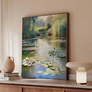 Impresión en lienzo de estanque de jardín japonés, póster de nenúfares estilo Monet, arte mural de puente impresionista, decoración de pared en lienzo mate de naturaleza botánica