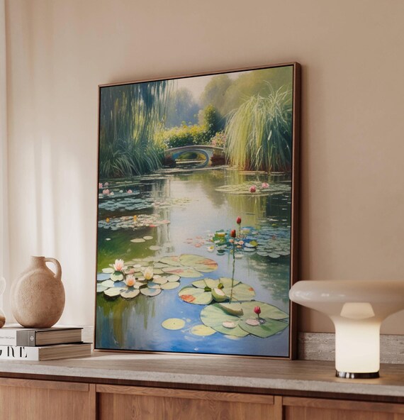 Japanese Garden Pond Canvas Print, Monet Style Water Lilies Poster, Impressionist Bridge Wall Art, Botanical Nature Matte Canvas Wall Decor