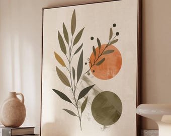 Abstract Olive Branch Wall Art with Terracotta Sun, Minimal Botanical Leaf Illustration, Modern Poster Canvas Print Living Room Office Decor