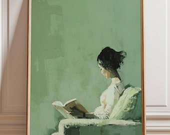 Woman Reading Wall Art, Green Painterly Illustration, Calm Book Lover Decor, Modern Figurative Artwork, Cozy Poster or Canvas Decor