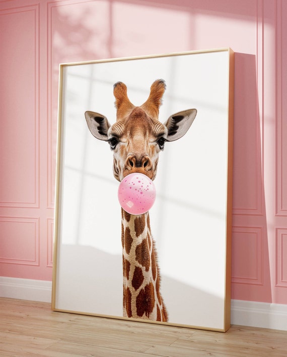 Funny Giraffe Blowing Bubble Gum Art Print, Cute Animal Nursery