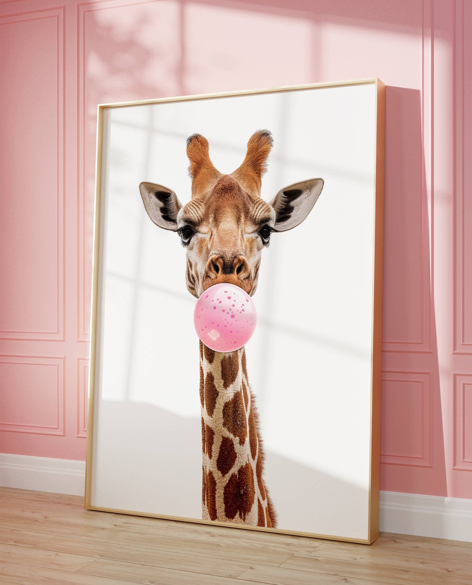 Funny Giraffe Blowing Bubble Gum Art Print, Cute Animal Nursery