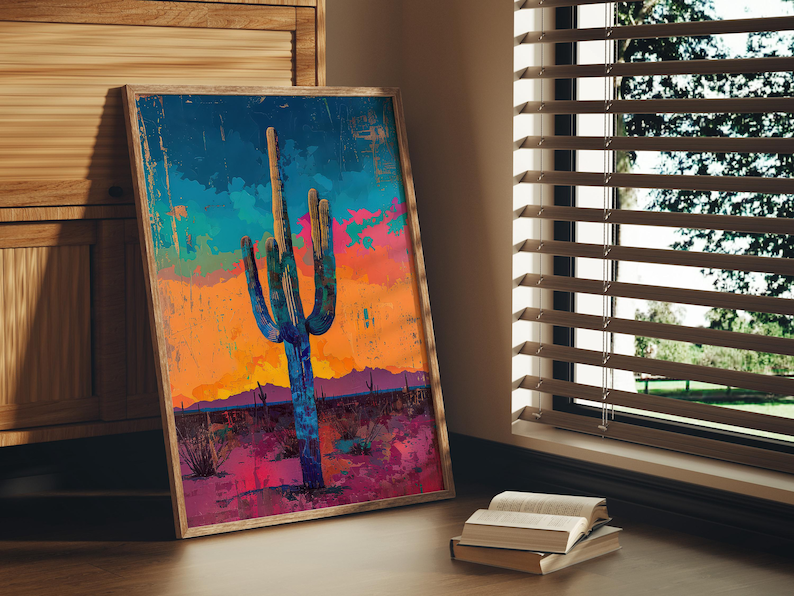 May include: A framed abstract painting of a large, blue-green cactus with a colorful sunset background. The cactus is in the center of the painting and is surrounded by a desert landscape.