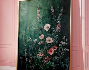 Vintage wilde bloemenkunstprint, donkergroene bloemenmuurdecoratie, romantisch botanisch schilderij, cottagecore natuurkunstwerk, rustiek huiscadeau