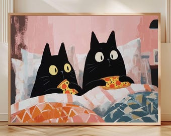 Two Black Cats Eating Pizza in Bed Whimsical Cat Wall Art Cute Modern Illustration Playful Pink Home Decor Pizza Lovers Kitchen or Nursery