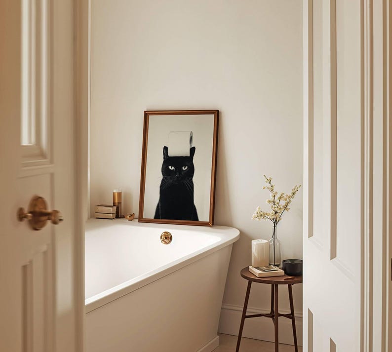 Funny Black Cat Bathroom Art Print - Quirky Toilet Paper Cat Wall Decor ...