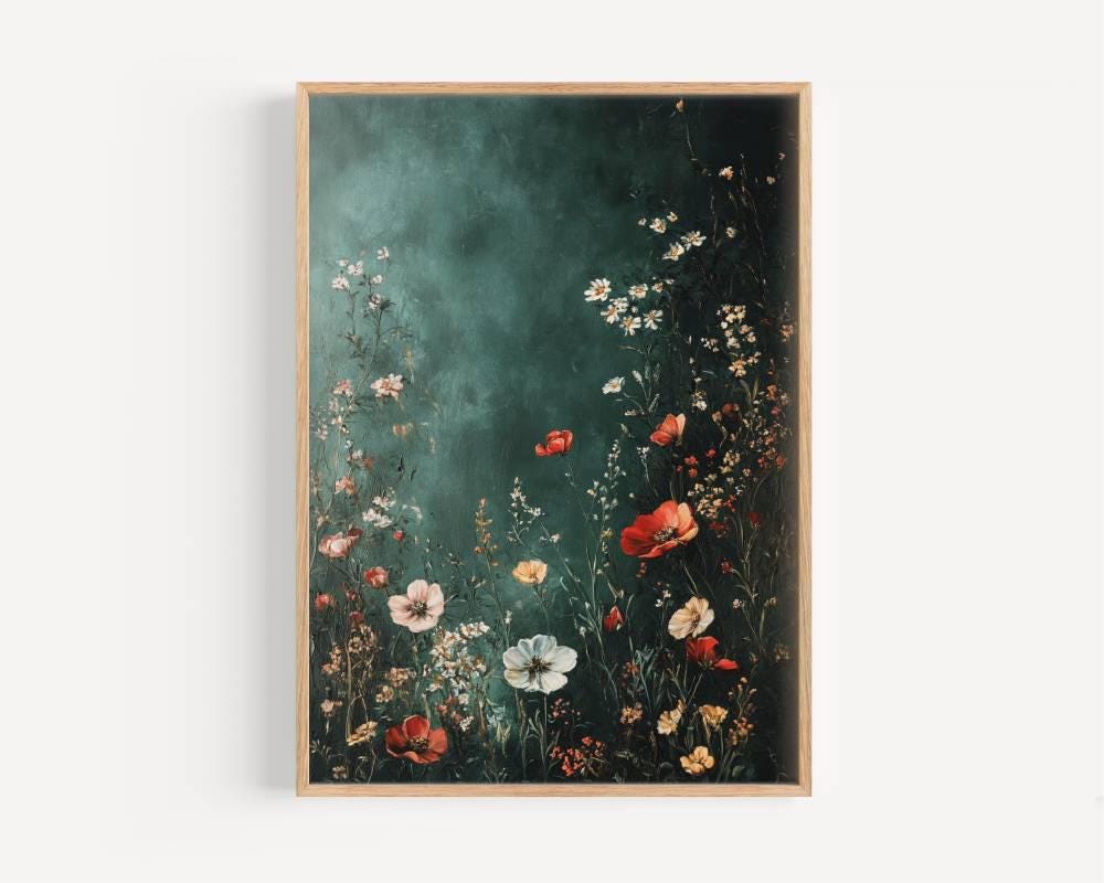 Wildflower Art Print - Dark Green Floral Wall Art - Botanical Nature ...