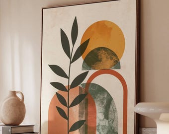 May include: Abstract art print featuring a botanical design with a dark green leafy stem and geometric shapes in orange, green, and yellow. The artwork is framed in a brown wooden frame.