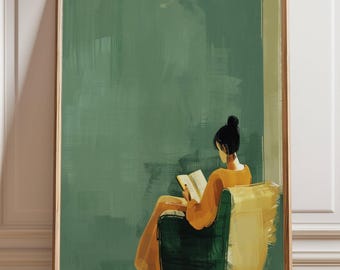 Woman Reading Wall Art Print, Cozy Chair Illustration, Soft Green Painterly Art, Modern Minimal Figurative Poster, Calm Serene Canvas Decor