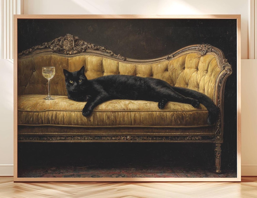 Black Cat Wall Art Gold Velvet Sofa Oil Painting Vintage Feline Poster ...
