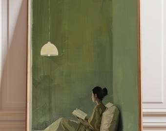 Minimalist Reading Wall Art, Woman Reclining with Book Print, Olive Green Modern Interior Artwork, Calm Contemporary Home Decor