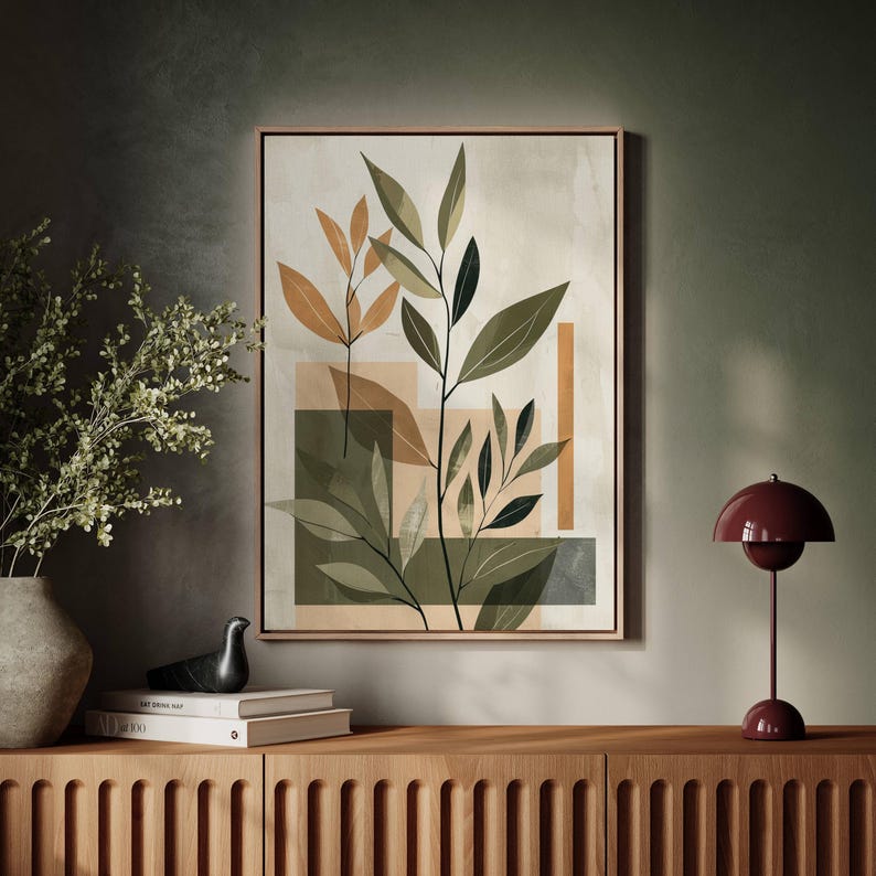 Abstract Botanical Wall Art With Olive Green Leaves and Terracotta ...