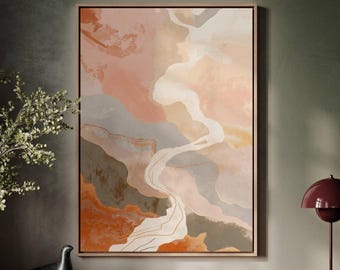 May include: Abstract art print in a wooden frame. The artwork features a flowing design with shades of peach, orange, gray, and white. The painting has a modern, minimalist style, suitable for home decor. The frame is a light brown color.