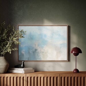 Minimal Light Blue Abstract Canvas Wall Art, Soft Brush Strokes, Modern Coastal Painting Print, Serene Neutral Living Room Decor afbeelding 3