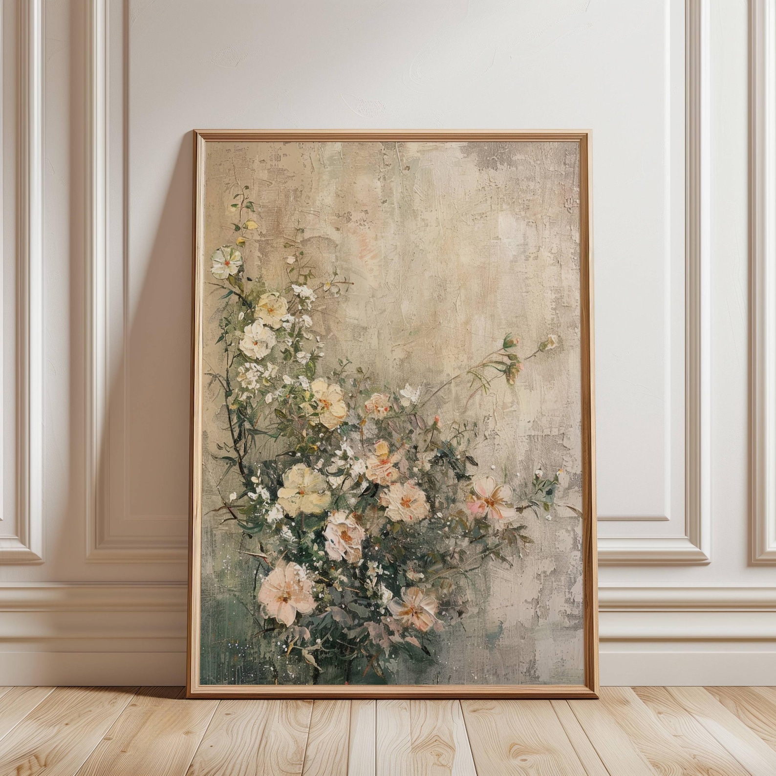 Vintage Wildflower Bouquet Art Canvas, Soft Neutral Floral Painting ...