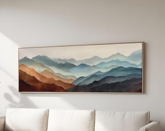 Earth Tone Watercolor Mountain Landscape Wall Art Terracotta & Blue Scenic Print | Modern Boho Home Decor | Abstract Nature Painting Canvas