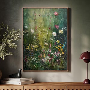 oeuvre d&#39;art murale vintage sur toile fleurs sauvages, impression sur toile nature botanique, décoration florale rustique, esthétique country cottagecore, verdure