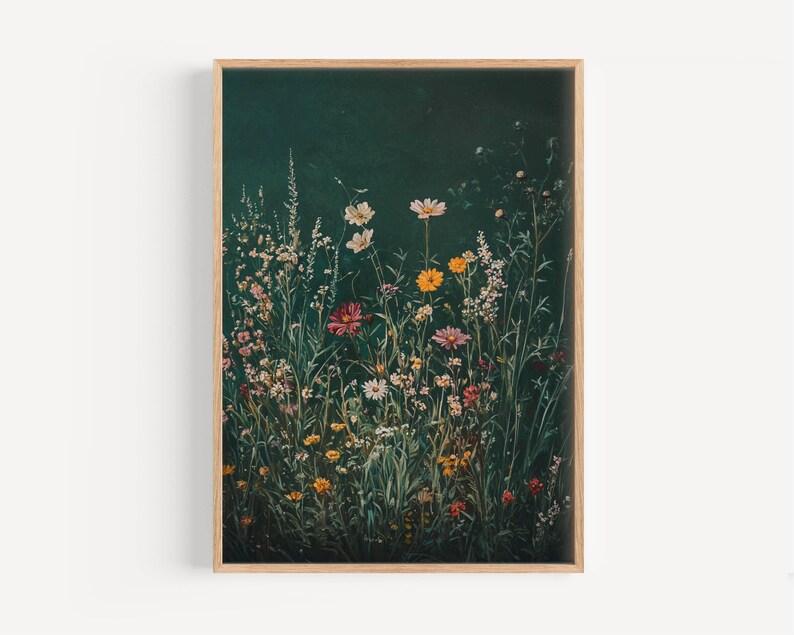 Vintage Wildflower Art Print - Dark Green Floral Wall Decor ...