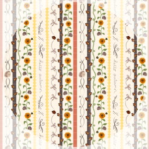 Pode incluir: Um padrão com listras verticais com girassóis, abelhas, joaninhas e ouriços. O design inclui o texto "hello autumn" e elementos decorativos como laços e folhas. A paleta de cores inclui tons de amarelo, castanho e creme.