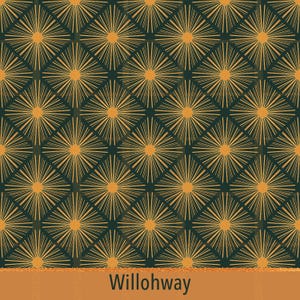 May include: Geometric pattern featuring a repeating design of gold sunbursts on a dark teal background. The word "Willohway" is displayed in gold at the bottom. This design is suitable for various applications.