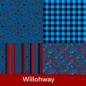 以下が含まれることがあります： 青、赤、黒の生地パターンのコラージュ。デザインには、てんとう虫、ハート、花柄、チェック柄が含まれます。「Willohway」の文字が赤いバナーに白文字で表示されています。