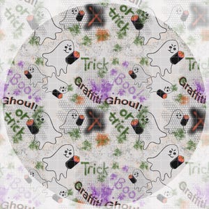 May include: A circular Halloween-themed design featuring repeating white ghost figures holding pumpkins and black objects. The background includes graffiti-style text that reads "Trick or Treat", "Boo", and "Ghoul!" in green and purple.