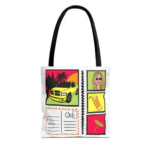 Bolsa tote de verão colorida com estampa de caminhão retrô | Acessório de viagem para a praia, presente para ela, itens essenciais para as férias, sacola de compras ecológica, peça de destaque