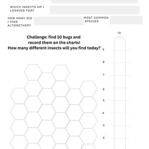 Może przedstawiać: Biała karta aktywności zatytułowana "LOLA'S BUG HUNT CHALLENGE!". Zawiera sekcje do wypełnienia dotyczące daty, identyfikacji owadów i liczby znalezionych owadów. Zawiera sześciokątną siatkę i skalę numerowaną od 1 do 10.