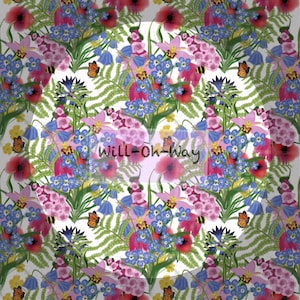 May include: A vibrant floral pattern featuring red poppies, blue forget-me-nots, pink orchids, and green ferns. The design includes orange butterflies and the text "Will-Oh-Way" in a circular shape, set against a white background.