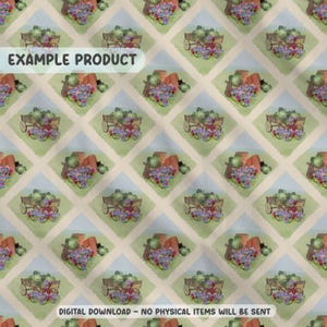 May include: A repeating pattern featuring illustrations of a wooden cart filled with produce, a terracotta pot, and a cluster of purple flowers. The design is set against a light green and blue backdrop, with the text "EXAMPLE PRODUCT" and "DIGITAL DOWNLOAD - NO PHYSICAL ITEMS WILL BE SENT".
