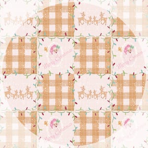 May include: A festive Christmas-themed pattern featuring a patchwork design. The pattern includes reindeer, Santa Claus, and the text "Merry Christmas" on a light pink and tan checkered background, with decorative lights.