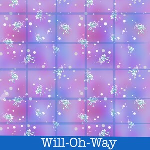 May include: A digitally created pattern featuring a grid design with a gradient background of pink, purple, and blue hues. The pattern includes scattered white dots and sprigs with bows. The text "Will-Oh-Way" is at the bottom.