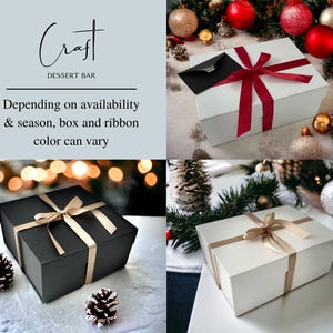 May include: Three gift boxes tied with ribbon. The boxes are white, black, and cream. The ribbon is red, gold, and gold. The text "Craft Dessert Bar" is visible in the top left corner. The text "Depending on availability & season, box and ribbon color can vary" is visible in the top left corner.