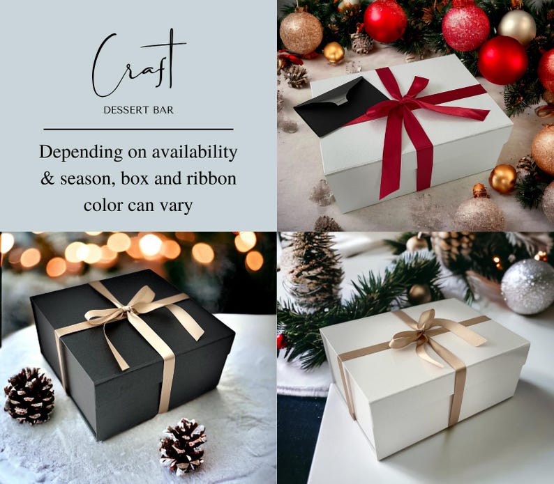 May include: Three gift boxes tied with ribbon. The boxes are white, black, and cream. The ribbon is red, gold, and gold. The text "Craft Dessert Bar" is visible in the top left corner. The text "Depending on availability & season, box and ribbon color can vary" is visible in the top left corner.