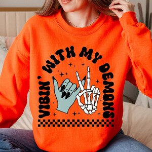 Vibin with my demons Halloween sweatshirt, Halloween vintage sweatshirt, Demons witch sweatshirt, Spooky season sweatshirt,  Fall sweatshirt