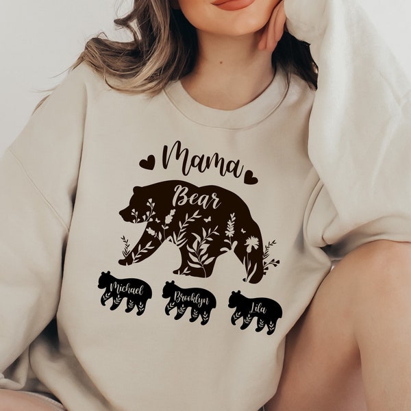 Custom Mama Bear Sweatshirt with Children Name on Bears, Mama Bear Sweatshirt, Ladies long Sleeve,Gift for Mom, Floral Mom Bear Shirt