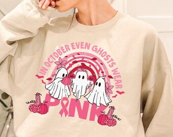 Pink ghost Sweatshirt, Pink Ribbon Breast Cancer Sweatshirt,Warrior Pink Ribbon Sweater,Breast Cancer Awareness Gifts,Breast Cancer sweater