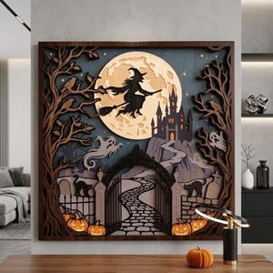 Witch Midnight Flight Layer Art, Halloween Shadow Box SVG (10 Layer)