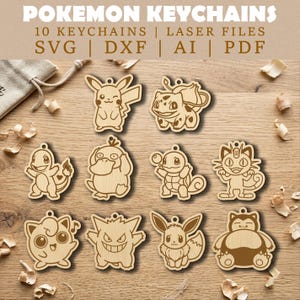 May include: Wooden Pokemon keychains featuring various characters, including Pikachu, Bulbasaur, and Squirtle. The keychains are laser-cut and have a natural wood finish. The image also includes text that reads "Pokemon Keychains" and "10 Keychains | Laser Files".